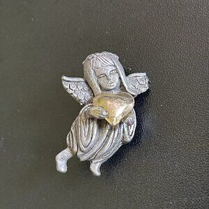 Vintage Pewter Angel Brooch Pin Holding Heart Gold Tone Signed David Monn DM 95